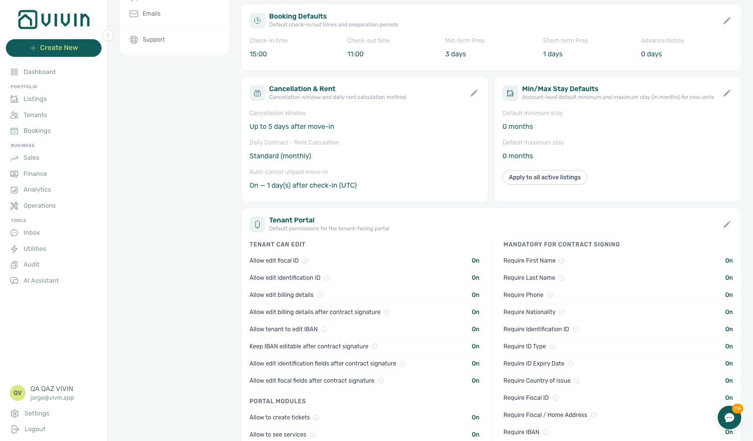Account Settings — Preferences tab with Tenant Portal section and Allow to see services