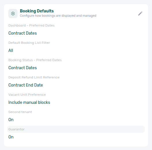 Account Settings — Booking Defaults card after choosing Guarantor from Search settings (label highlighted)