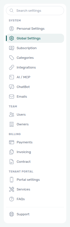Account Settings sidebar — Search settings box above System, Team, Billing, and Tenant Portal
