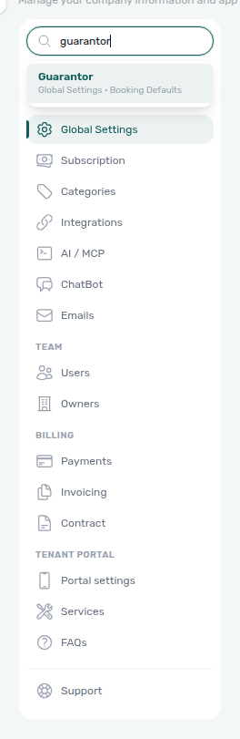 Account Settings — Search settings results for guarantor, with Guarantor under Global Settings · Booking Defaults