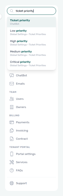 Account Settings — Search settings results for ticket priority, with the ChatBot tab and Global Settings · Ticket Priorities rows