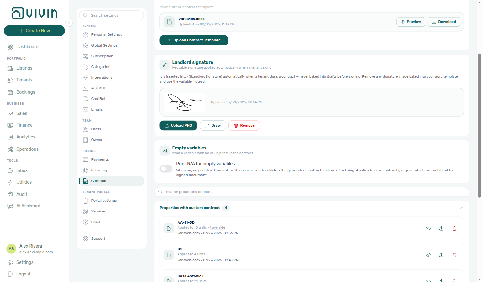 Account Settings — Billing → Contract selected in the sidebar