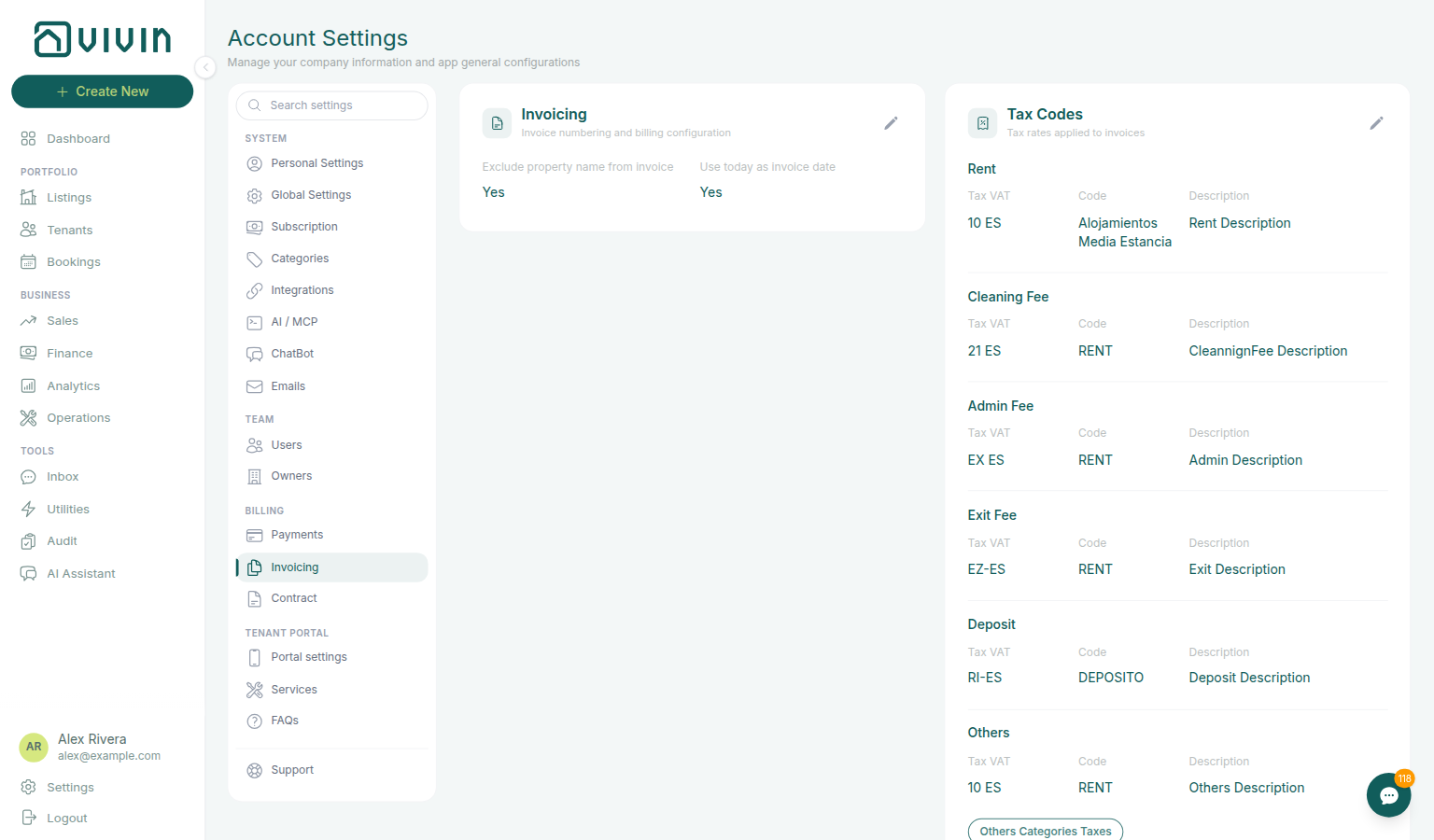Account Settings — Billing → Invoicing selected in the sidebar