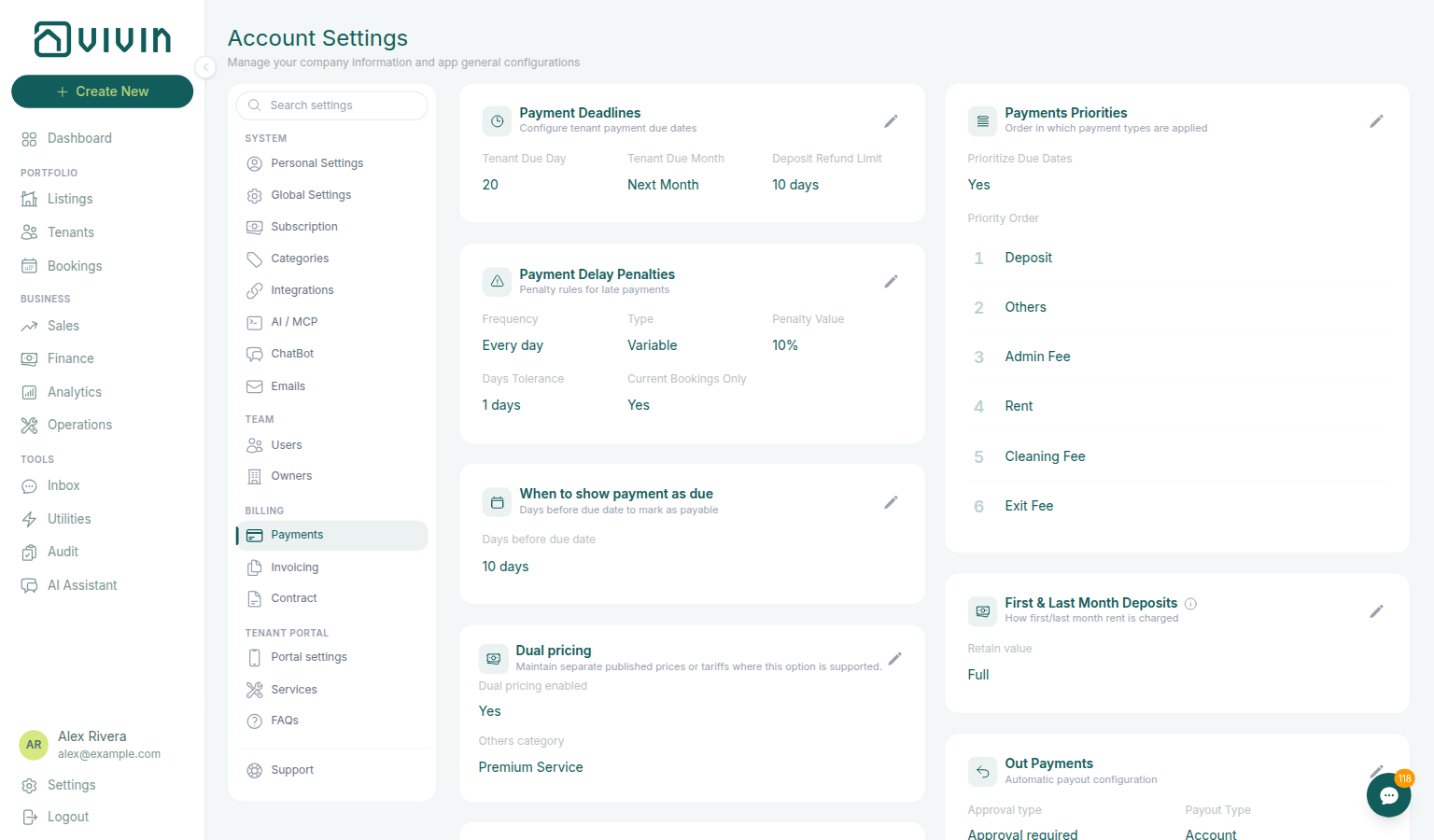 Account Settings — Billing → Payments selected in the sidebar