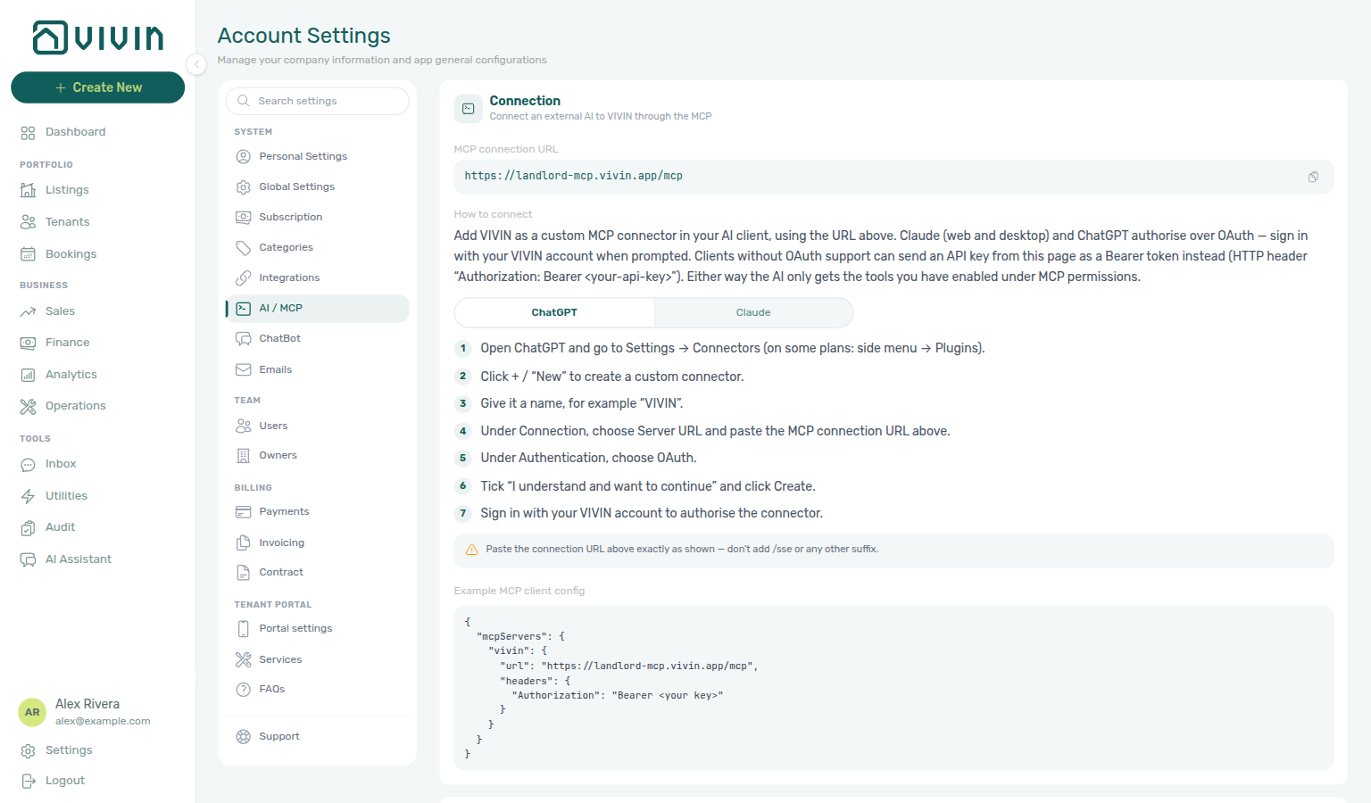 Account Settings — System → AI / MCP selected in the sidebar