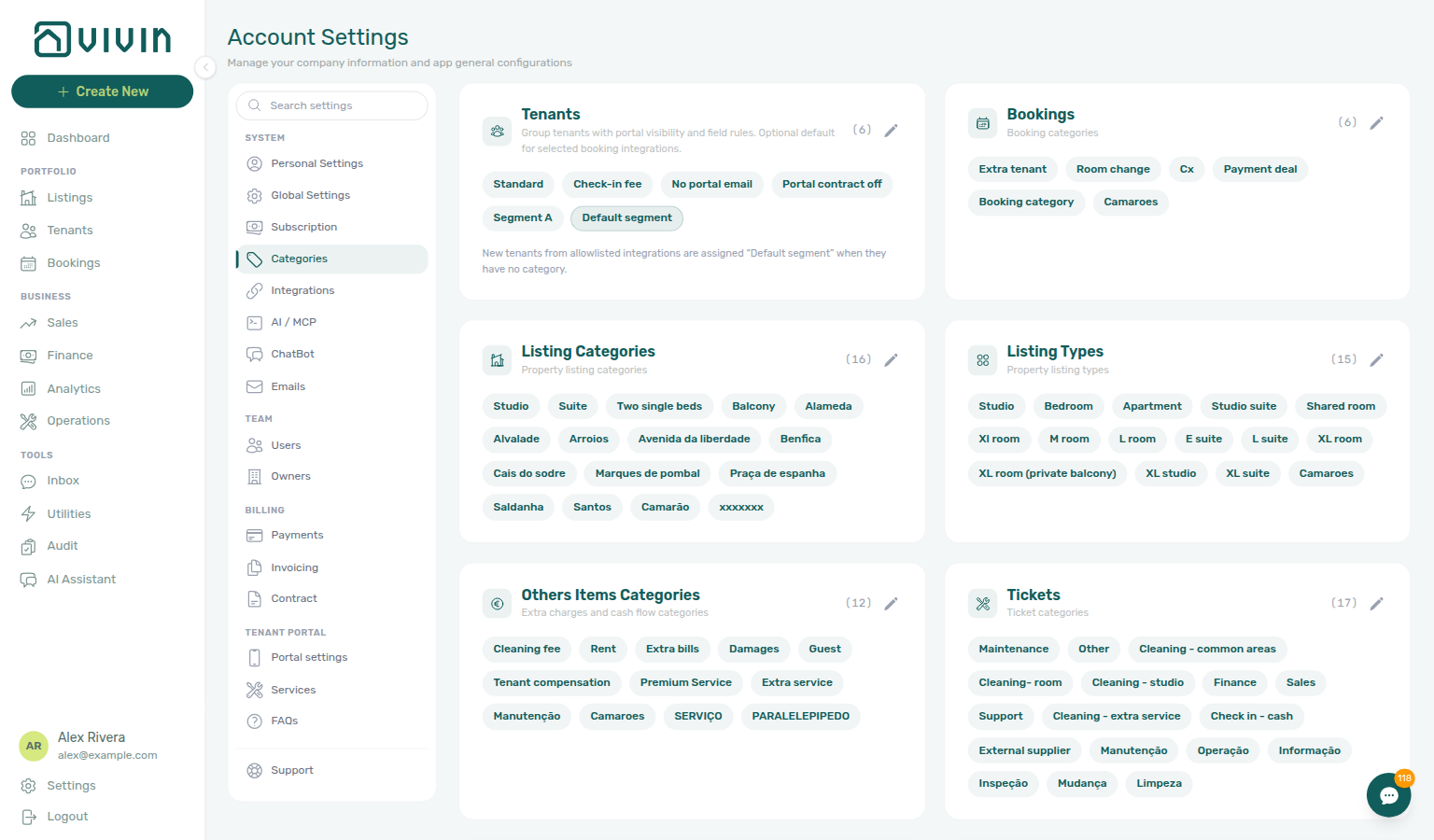 Account Settings — System sidebar with Categories selected, chip catalog cards