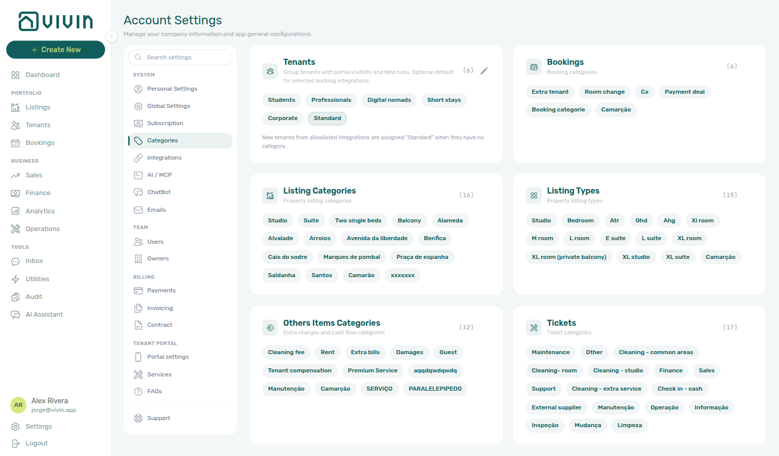 Account Settings — System → Categories with the Tenants card in the category grid