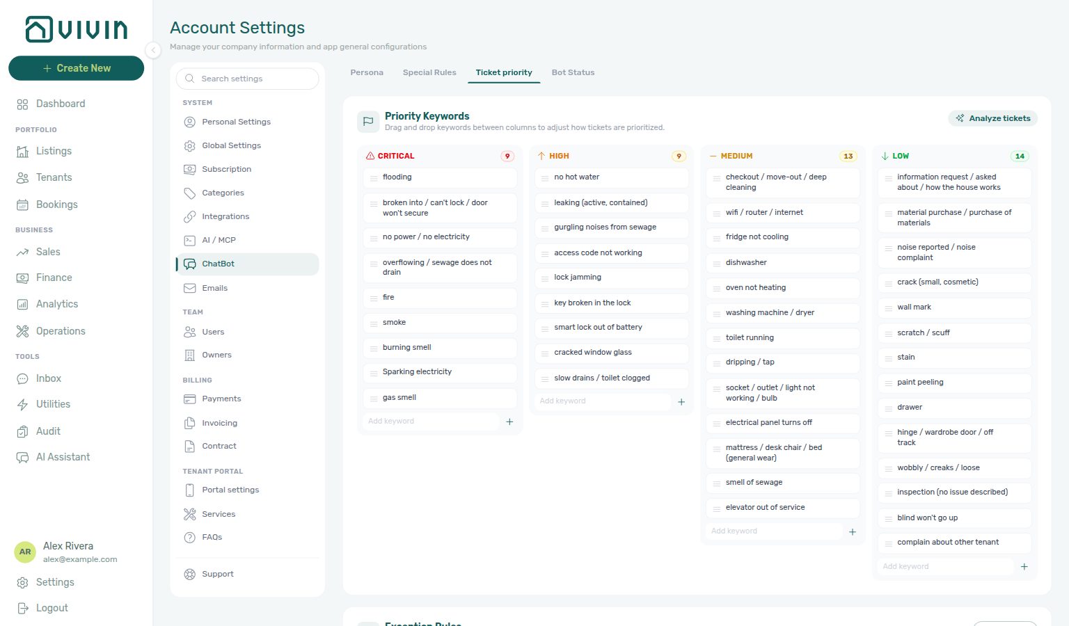 Account Settings — System → ChatBot with Ticket priority subtab selected