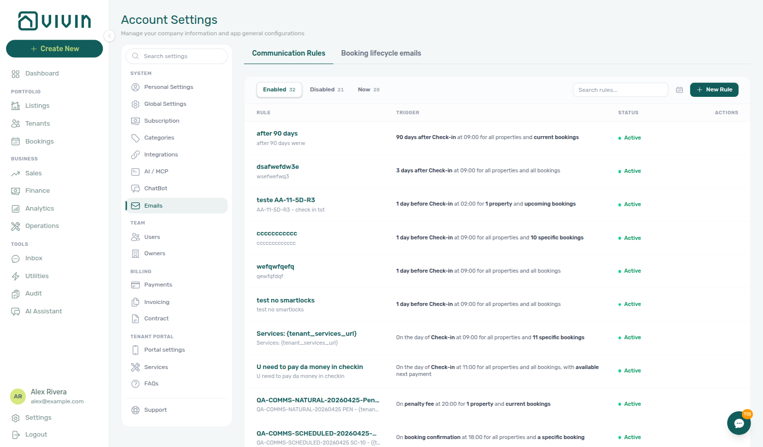 Account Settings — System sidebar with Emails selected, Booking lifecycle emails subtab