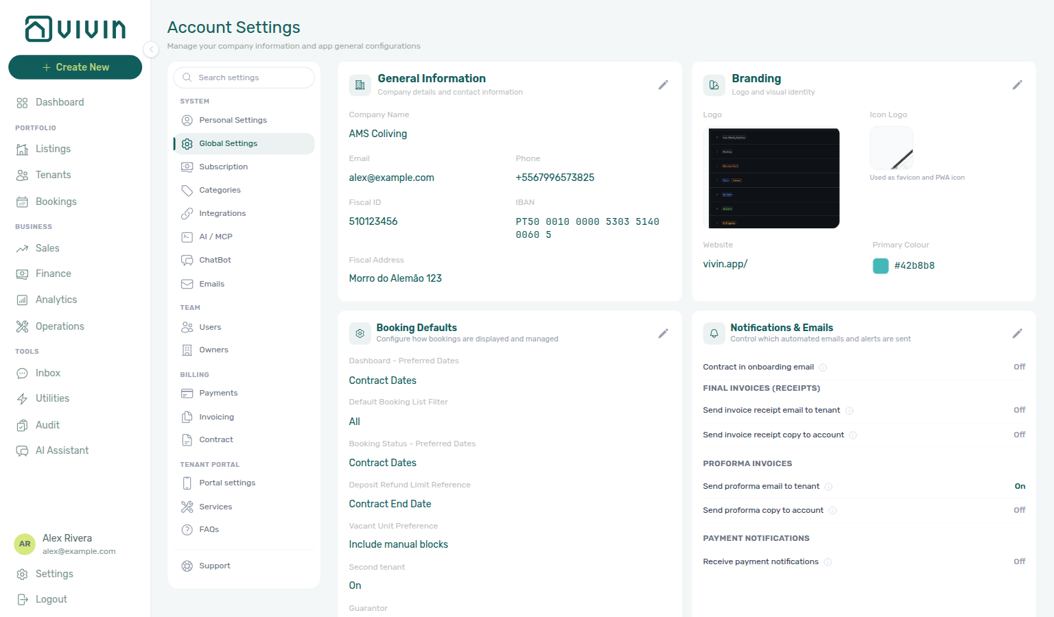 Account Settings — System sidebar with Global Settings selected (company, branding, and booking defaults cards)