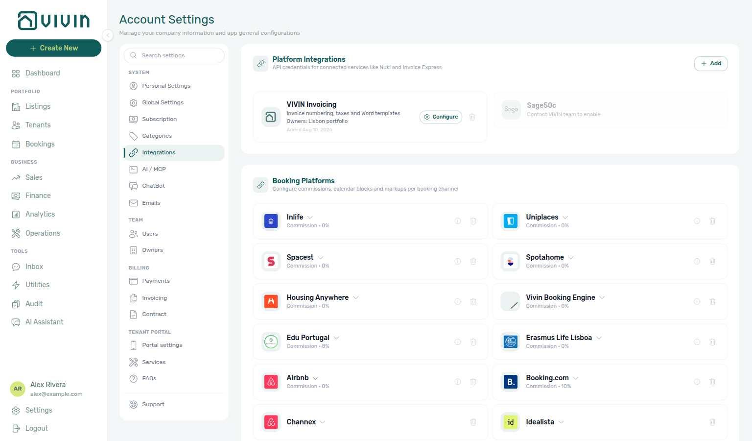 Account Settings — System sidebar with Integrations selected