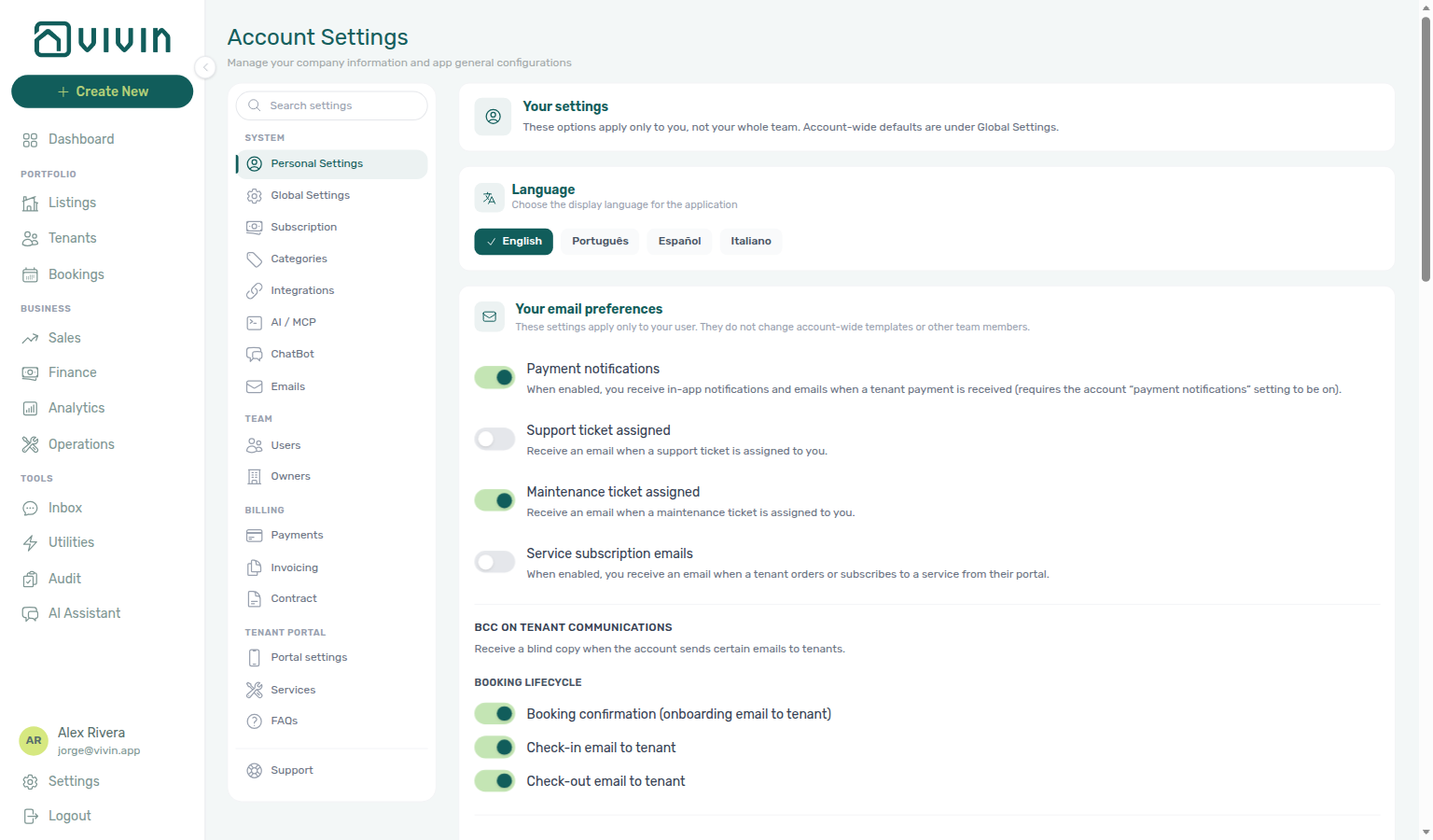 Account Settings — System → Personal Settings selected in the sidebar