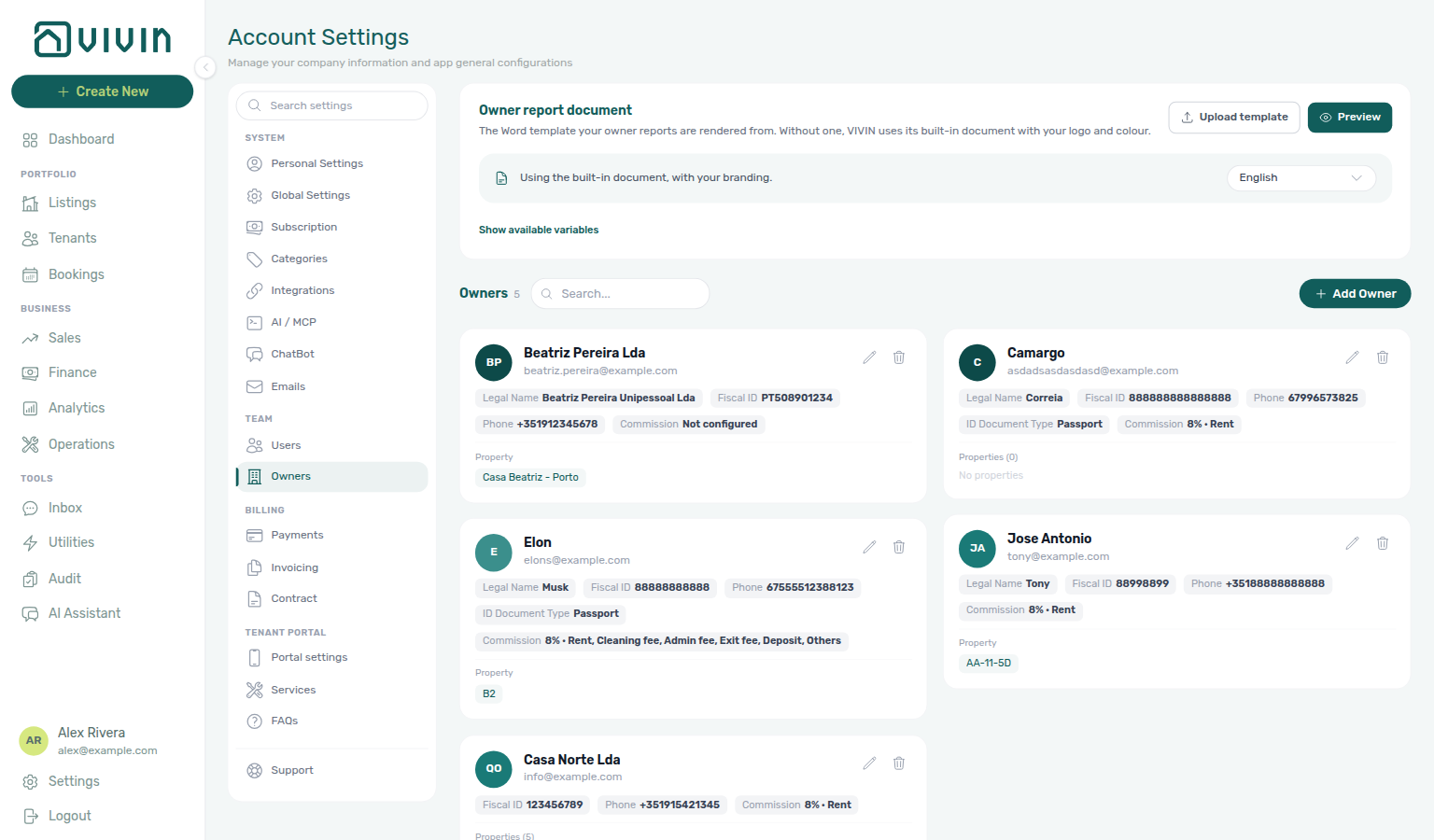 Account Settings — Team sidebar with Owners selected