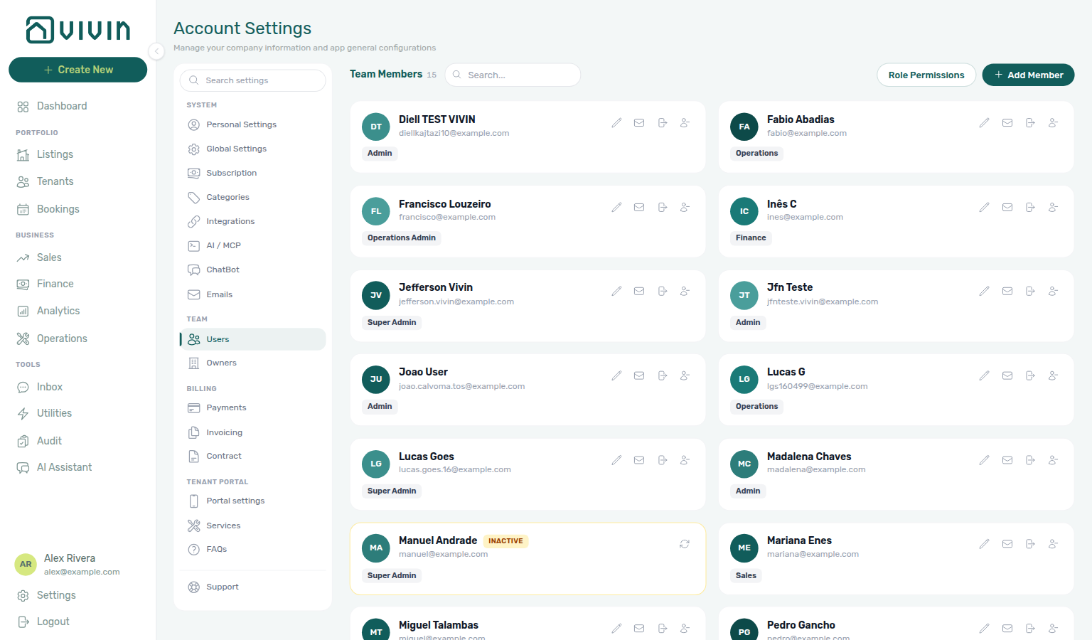 Account Settings — Team sidebar with Users selected