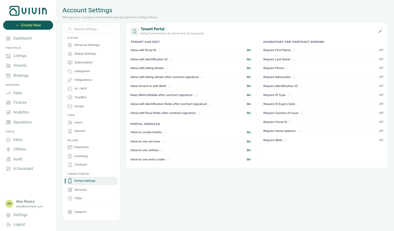 Account Settings — Tenant Portal → Portal settings with edit and module toggles