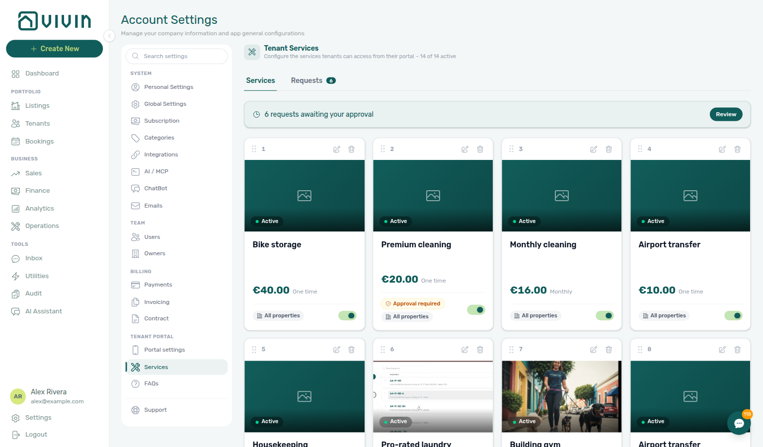 Account Settings — Tenant Portal → Services catalogue