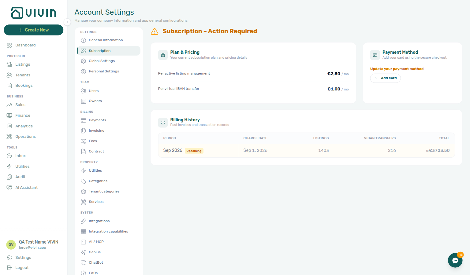 Account Settings — Subscription Action Required: Plan &amp; Pricing next to Payment Method with Add card