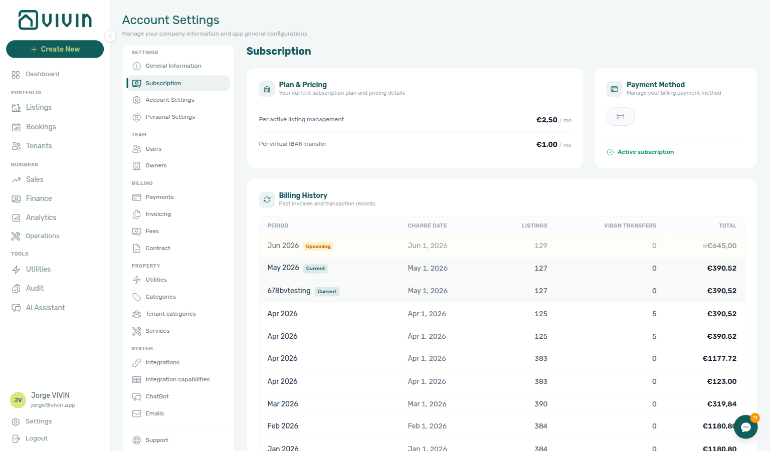 Account Settings — Subscription, Billing history table with Current and Upcoming period rows