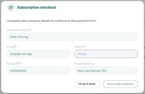 Subscription checkout — company details step with Phone still required