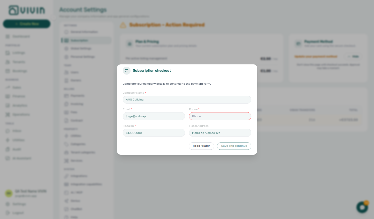 Subscription checkout modal over Action Required asking for company details before the payment form
