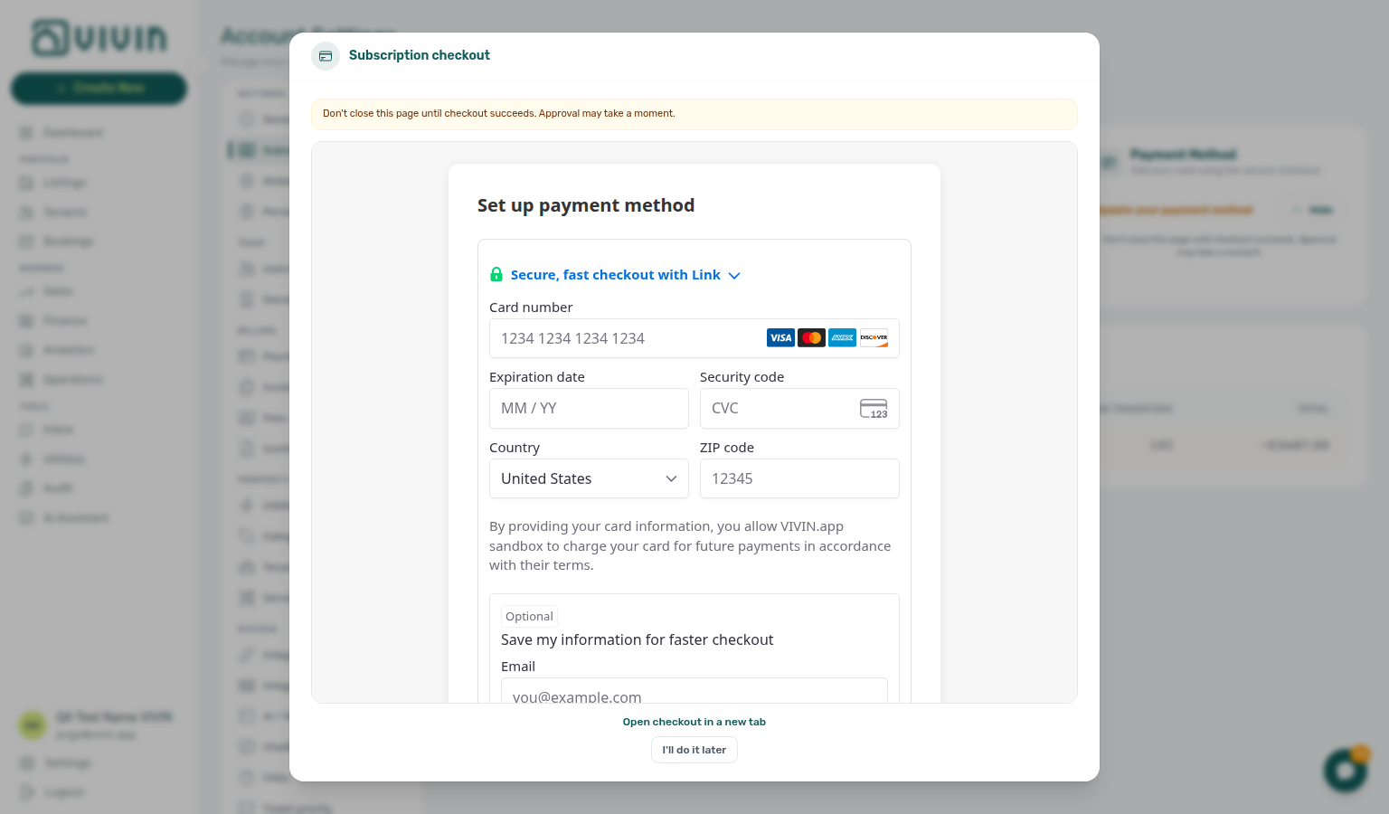 Subscription checkout modal: do-not-close warning and hosted card form over the Subscription tab