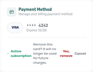 Account Settings — Subscription Payment method armed Yes, remove / Cancel confirm