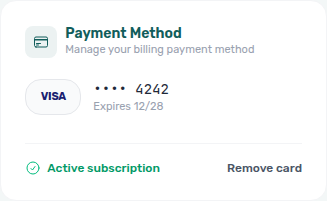Account Settings — Subscription Payment method with Active subscription and Remove card