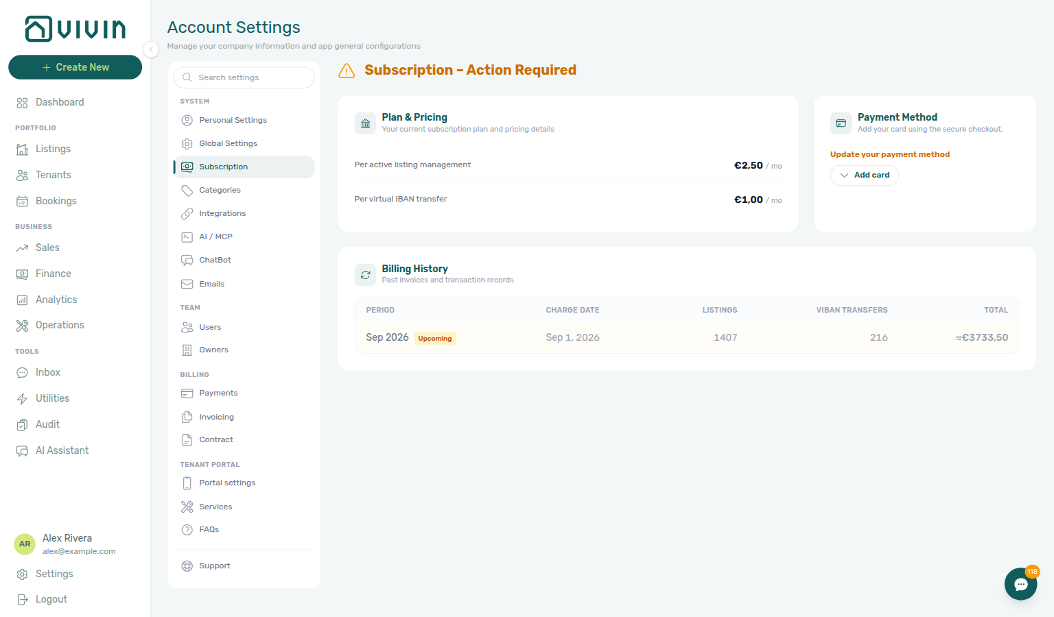 Account Settings — System → Subscription: Action Required heading, plan pricing, Add card, and Billing history with System sidebar
