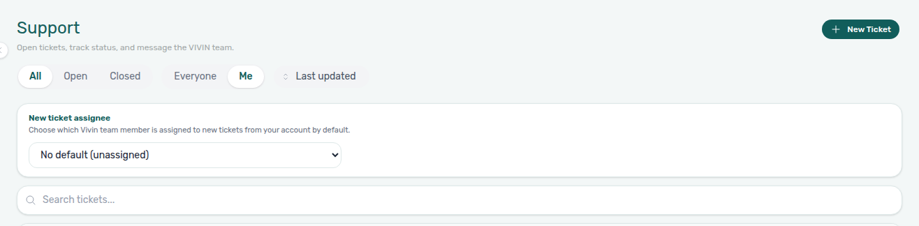 Support inbox — default assignee card above ticket search (workspace default for new tickets only)