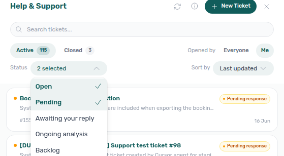 Help &amp; Support drawer — Status multi-select with Open and Pending ticked while Active remains selected (chip and detailed status compose)