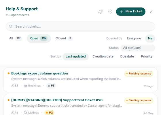 Help &amp; Support drawer — search, Active/Closed chips, Status multi-select, Sort by pills, and ticket list over the dashboard (desktop FAB)