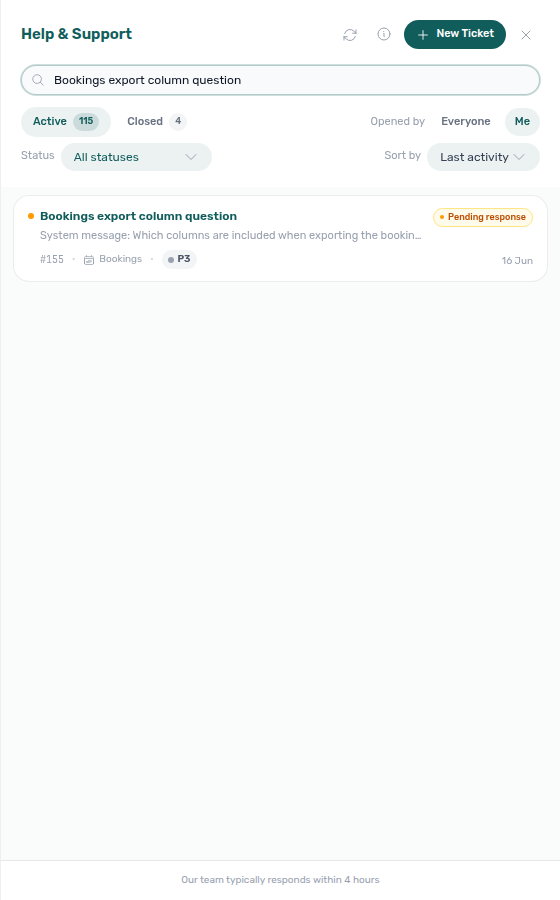 Help &amp; Support drawer — search, Active/Closed chips, Status multi-select, Sort by Last activity, and ticket list over the dashboard (desktop FAB)
