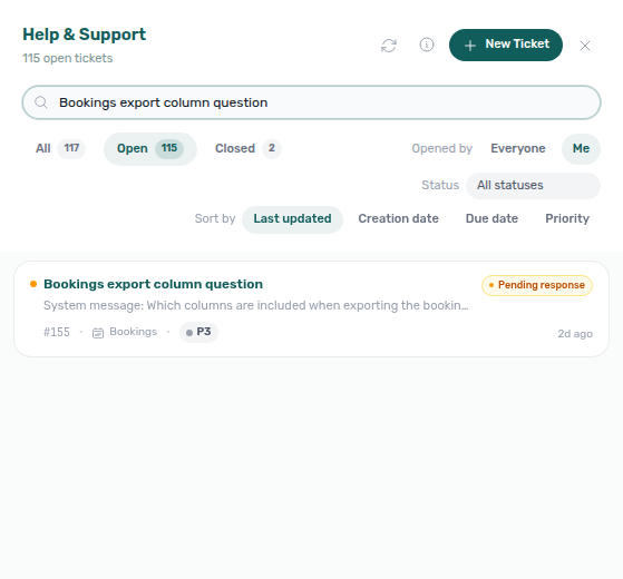 Help &amp; Support drawer — Active chip default queue with search and sort pills (publication-clean ticket row)