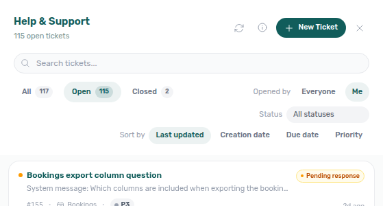 Help &amp; Support drawer — Active / Closed chips with server-side counts for the current Opened by scope