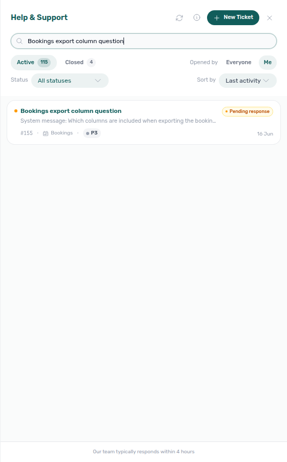 Help &amp; Support drawer — Active / Closed chips with server-side counts for the current Opened by scope