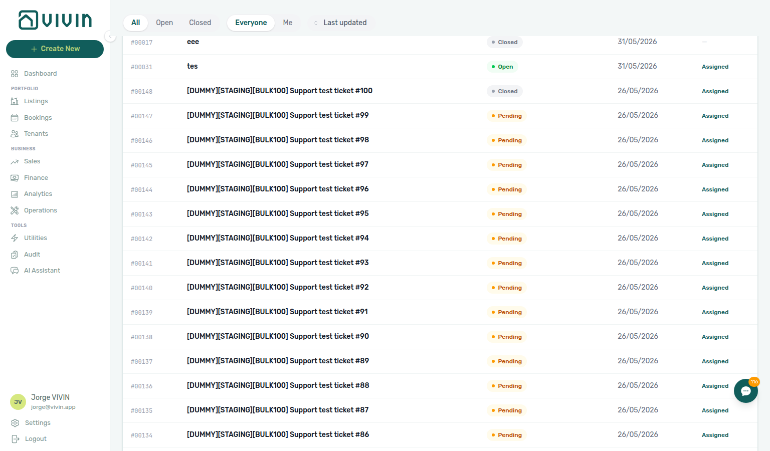 Support inbox — full page at /settings/support scrolled near the bottom while the next ticket batch loads (spinner under the table when more rows are fetching)