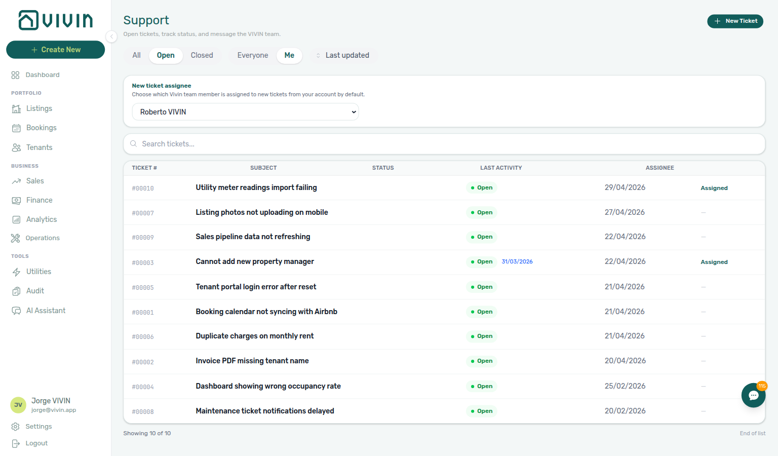 Support inbox — Open chip on /settings/support limits rows to tickets whose status badge is Open only