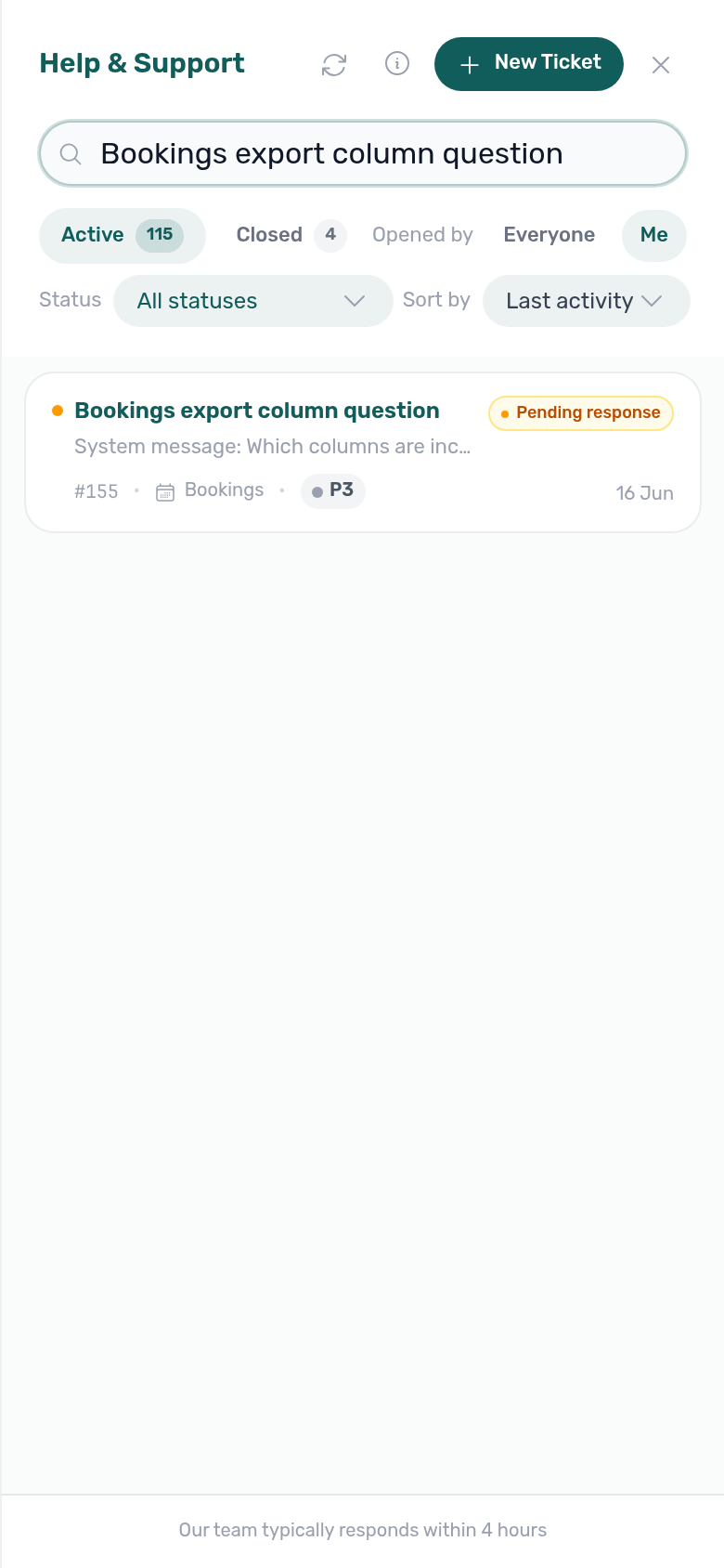 Mobile — Help &amp; Support drawer open from the header icon (filters, search, Status multi-select, and Sort by Last activity; full-width panel over the module)