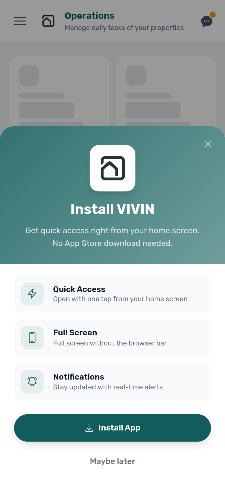 Mobile dashboard — Help &amp; Support chat icon in the top bar