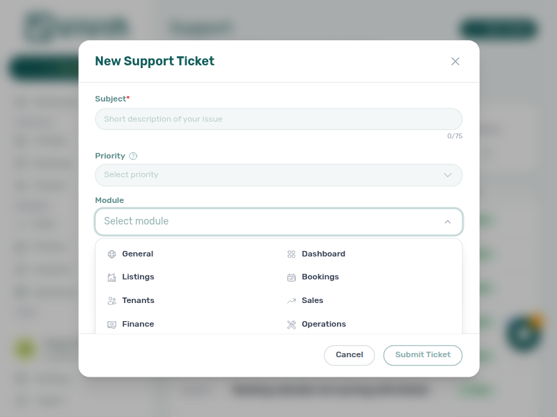 New Support Ticket — module picker grid open over the Support workspace