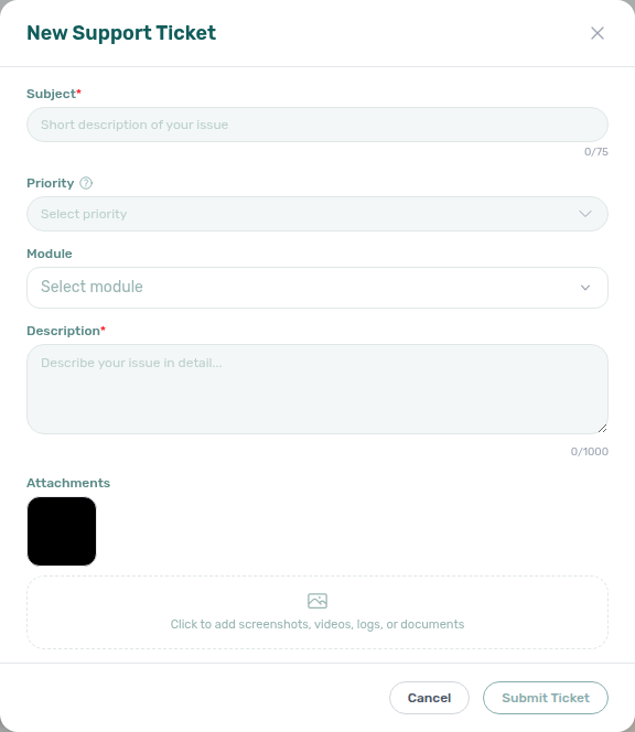 New Support Ticket — video attachment thumbnail on the Attachments row before submit