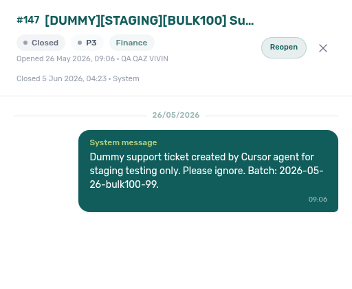 Support — closed ticket sidebar with Opened and Closed timestamps plus closer name (example auto-close by System)