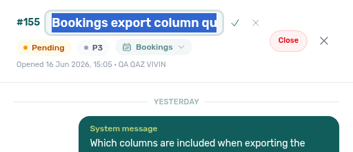 Support ticket sidebar — inline title edit (pencil opens the subject field with Save and Cancel)