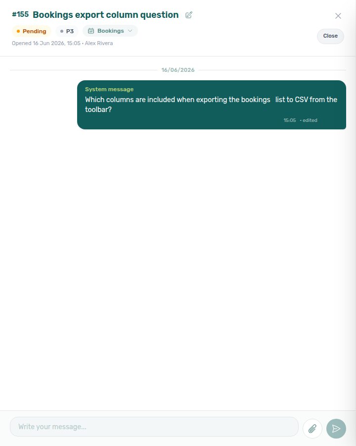 Help &amp; Support — ticket thread after open, with the last message already loaded