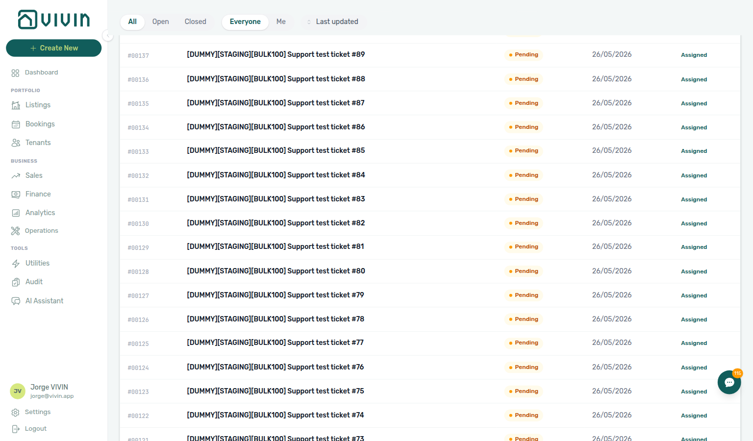 Support inbox — search, status and scope filters, sort control, ticket table, Showing X of Y, and End of list when every row is loaded