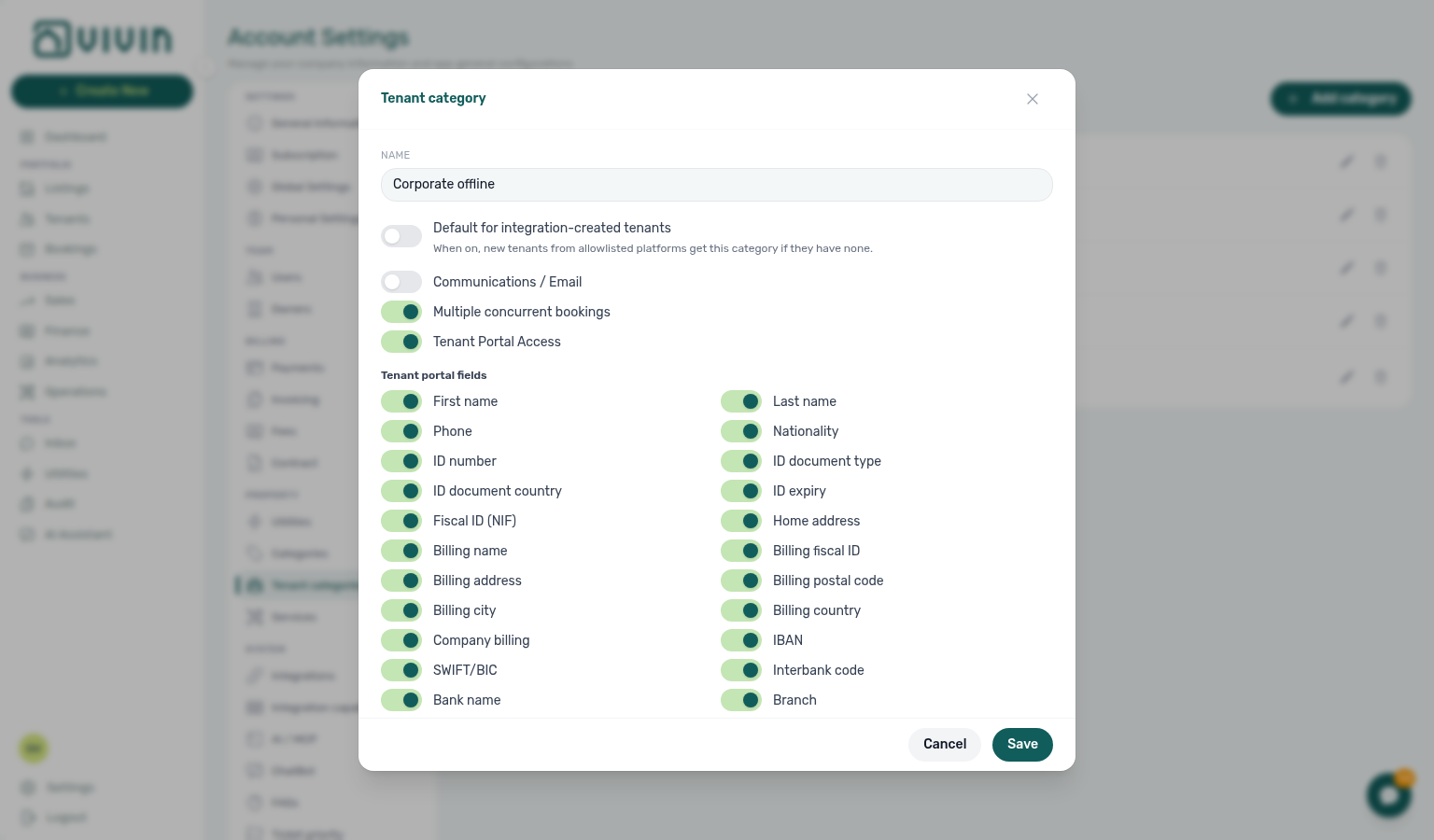 Account Settings — Tenant category editor with Communications / Email off