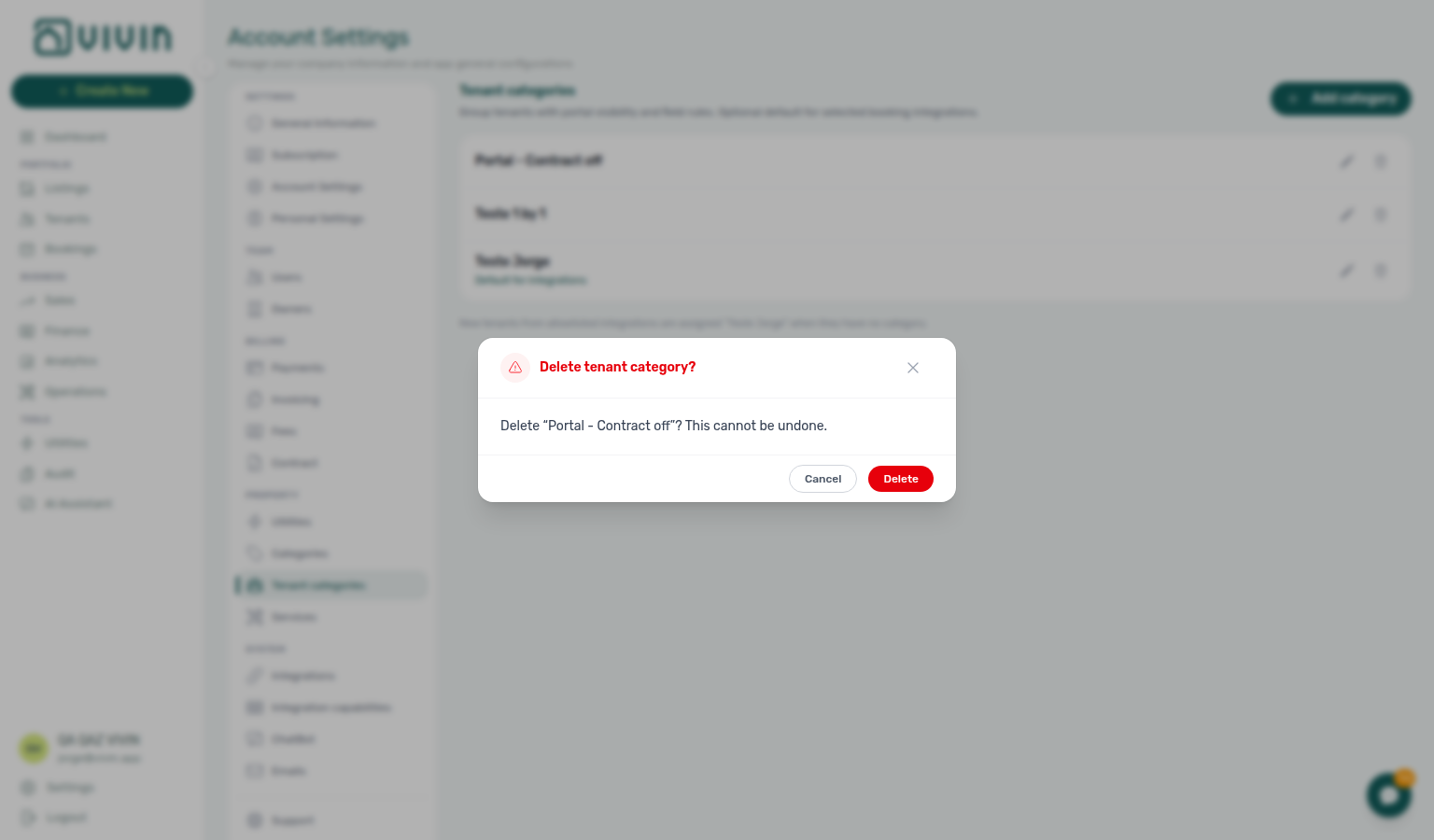Account Settings — Delete tenant category confirmation modal