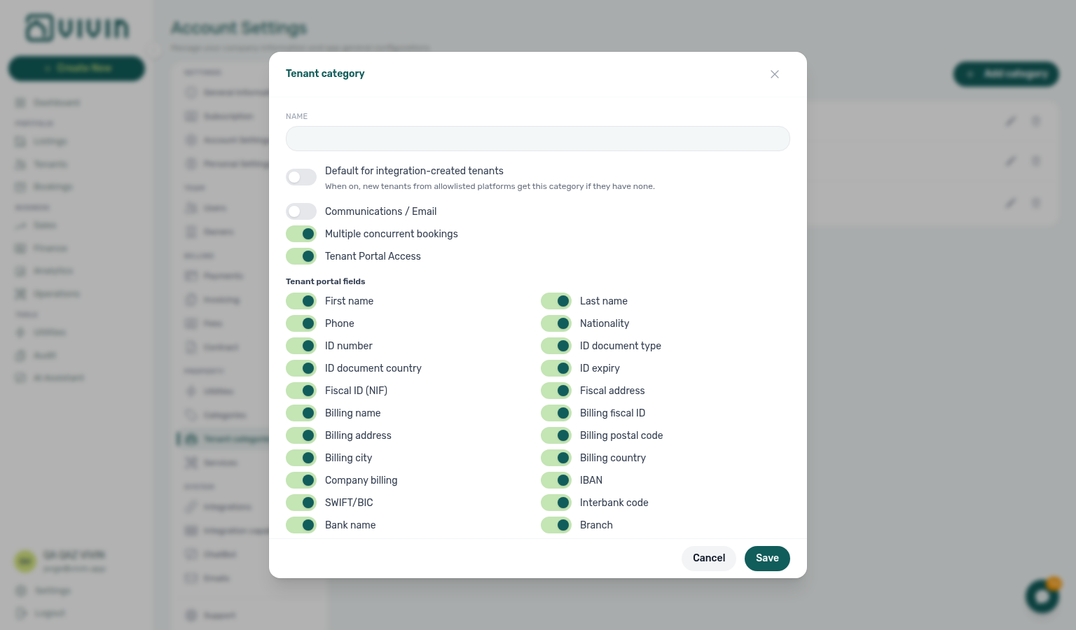 Account Settings — Tenant category editor with Tenant Portal Access off and amber portal hint