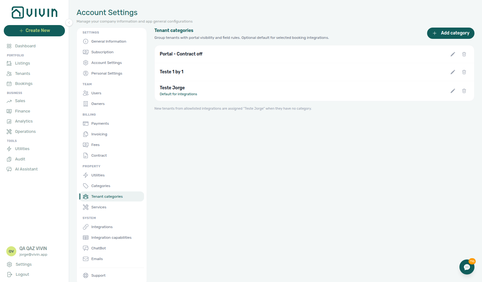 Account Settings — Tenant categories list with Add category and default-for-integrations badge