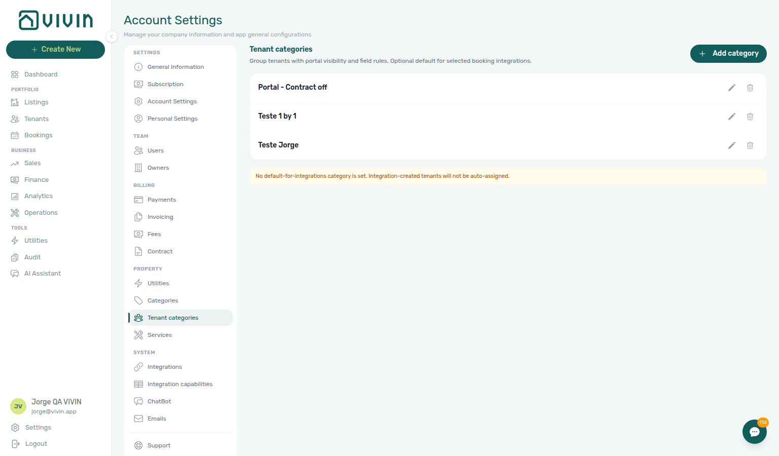 Account Settings — Tenant categories list with amber no-default-for-integrations warning